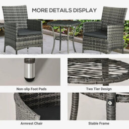 Rattan Bistro Set 2 Chairs Garden Glass Table Patio Outdoor Furniture - thumbnail 3