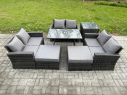 Fimous Outdoor Lounge Sofa Set Wicker Pe Rattan Garden Furniture Set With Rectangular Dining Table 2 Seat Sofa 2 Big Footstool - thumbnail 2