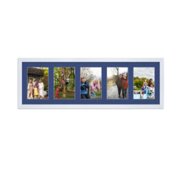 AK Frames 26X8 White Classic Multi Photo Frame With Blue Mount - Holds 5 Apertures (5X) 6X4 Photos - thumbnail 1