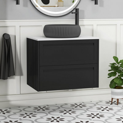 Royal Bathrooms Royal Bathroom Elmore 700mm Nocturne Black Wall Mounted Bathroom Vanity Unit 2 Drawer Plain White Worktop With Milan Black Basin - image 1