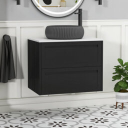 Royal Bathrooms Royal Bathroom Elmore 700mm Nocturne Black Wall Mounted Bathroom Vanity Unit 2 Drawer Plain White Worktop With Milan Black Basin - thumbnail 1