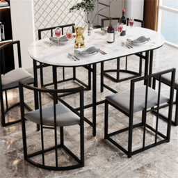 Abrihome Six-Chair Dining Table Set, Dining Room Table And Chair Set, Modern Dining Table Combination, Black - thumbnail 2