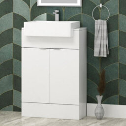 Royal Bathrooms Elena 600mm Floor Standing Bathroom Vanity Sink Unit Gloss White 2 Door With Semi Recessed Basin