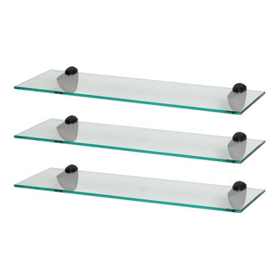 Harbour Housewares 3X Floating Glass Shelves - 60Cm - Black Brackets - Bathroom Shower Storage Vanity Display Unit Shelf - image 1