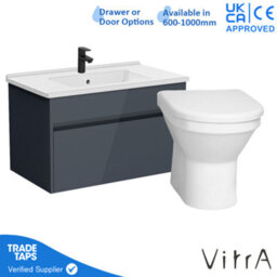 Vitra 800mm Wall Hung Bathroom Vanity Unit With 1 Drawer Includes Basin, Black Tap And Back To Wall Toilet - Grey Gloss - thumbnail 1