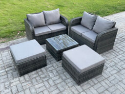 Fimous Rattan Sofa Set Outdoor Garden Furniture Set With Square Coffee Table Loveseat Sofa 2 Big Footstool Dark Grey Mixed - thumbnail 1