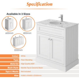 Plum&clay Fairmont Traditional White Square Floor Standing Bathroom Vanity Unit With Ceramic Basin & Marble Top (W)800mm - thumbnail 4