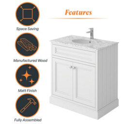 Plum&clay Fairmont Traditional White Square Floor Standing Bathroom Vanity Unit With Ceramic Basin & Marble Top (W)800mm - thumbnail 5