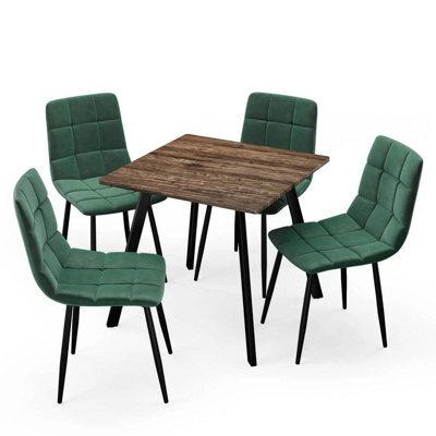 Urbn-Living Urbnliving 80Cm Rustic Oak Square Table With 4 Green Velvet Chairs  - image 1