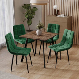 Urbn-Living Urbnliving 80Cm Rustic Oak Square Table With 4 Green Velvet Chairs  - thumbnail 2