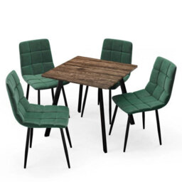 Urbn-Living Urbnliving 80Cm Rustic Oak Square Table With 4 Green Velvet Chairs  - thumbnail 1