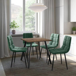 Urbn-Living Urbnliving 80Cm Rustic Oak Square Table With 4 Green Velvet Chairs  - thumbnail 3