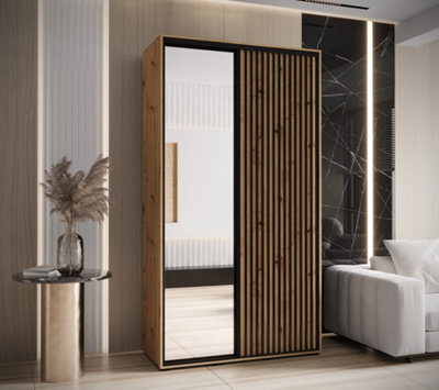 Arte Sapporo Ii Modern Oak Artisan Mirrored Sliding Door Wardrobe -  Space-Saving Storage Solution (H)2050mm (W)1300mm (D)600mm - image 1