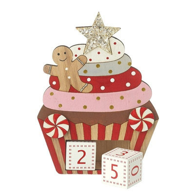Heaven Sends Christmas Wooden Cupcake Countdown Blocks With Gingerbread Design, Small Advent Decoration, 17 X 12.2 X 3.1 Cm