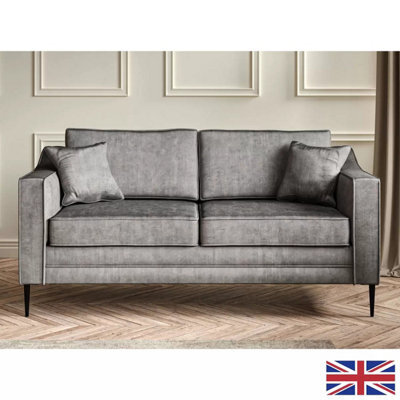 Aspen Grey Velvet Large 2 Seater Sofa With Foam Seat Cushion, Piped Detailing, Black Metal Stiletto Legs & Accent Pillows - image 1