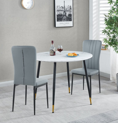 Hallowood Furniture Finley Small Round Dining Table In White Marble Finish With 2 Light Grey Faux Leather Chairs - image 1