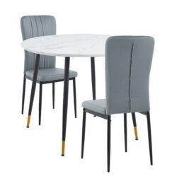 Hallowood Furniture Finley Small Round Dining Table In White Marble Finish With 2 Light Grey Faux Leather Chairs - thumbnail 8