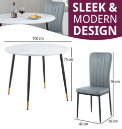 Hallowood Furniture Finley Small Round Dining Table In White Marble Finish With 2 Light Grey Faux Leather Chairs - thumbnail 4