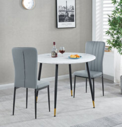 Hallowood Furniture Finley Small Round Dining Table In White Marble Finish With 2 Light Grey Faux Leather Chairs - thumbnail 1