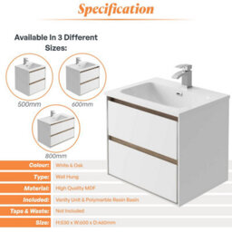 Plum&clay Norton White & Oak Wall Hung Vanity Unit & Basin Set Bathroom Furniture (W)600mm (H)530mm - thumbnail 4
