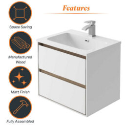 Plum&clay Norton White & Oak Wall Hung Vanity Unit & Basin Set Bathroom Furniture (W)600mm (H)530mm - thumbnail 5