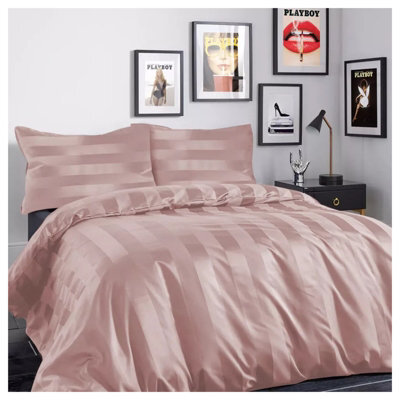 Ameha Stripe Duvet Set With Pillowcase Reversible Bedding & Soft Microfiber Cover Peach Super King Size 260X220Cm - image 1