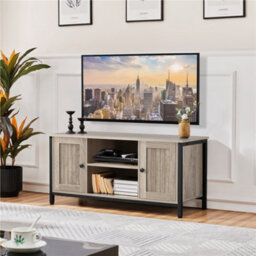 Yaheetech Grey Farmhouse Tv Cabinet With 2 Doors And Cable Management