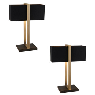 2 Pack Antique Brass Framed Table Lamp & Cotton Shade - Matt Black Base - image 1