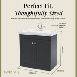 Balterley Swynnerton Traditional Bathroom Floor Standing 2-Door Vanity Unit & Fireclay Basin, Dark Grey, 800mm - thumbnail 5