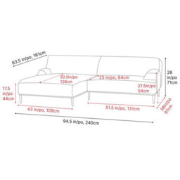 "Valencia Kotor Modern Fabric 94.5"" Left Chaise Sofa White Kiln Dried Wood Premium Fabric Extra Firm Cushion" - thumbnail 3
