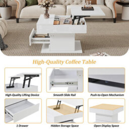 Abrihome 360-Degree Rotating Coffee Table, High-Gloss Height-Adjustable Coffee Table With 1 Drawer, 70X70X45 Cm, White - thumbnail 4