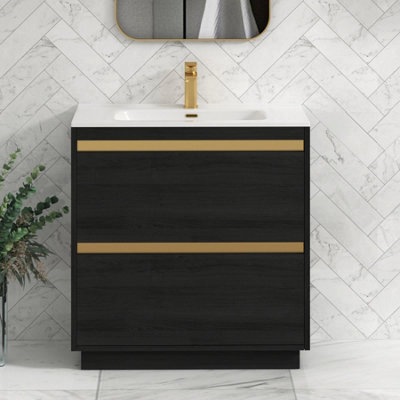 Royal Bathrooms Orion 800mm Floor Standing Bathroom Vanity Unit 2 Drawer Hale Black With Ceramic Basin & Brushed Brass Accent Trim - image 1