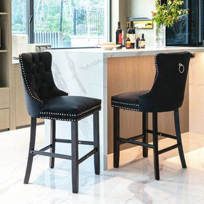 HomeTouch Set Of 2 Velvet Bar Stools, Kitchen Breakfast Barstools With Wooden Legs Bar Chairs For Counter Black - image 1