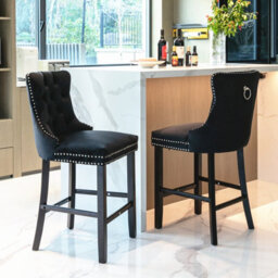 HomeTouch Set Of 2 Velvet Bar Stools, Kitchen Breakfast Barstools With Wooden Legs Bar Chairs For Counter Black