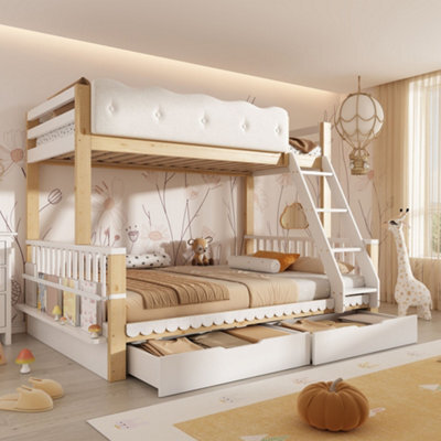 Merax 3Ft/4Ft6 Children's Bunk Bed 90X190 + 135X190 Cm, Pine Wooden Bunk Bed With 2 Drawers & Side Bookshelf, White - image 1
