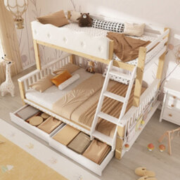 Merax 3Ft/4Ft6  Children's Bunk Bed 90X190 + 135X190 Cm, Pine Wooden Bunk Bed With 2 Drawers & Side Bookshelf, White - thumbnail 3