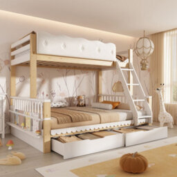 Merax 3Ft/4Ft6  Children's Bunk Bed 90X190 + 135X190 Cm, Pine Wooden Bunk Bed With 2 Drawers & Side Bookshelf, White - thumbnail 1
