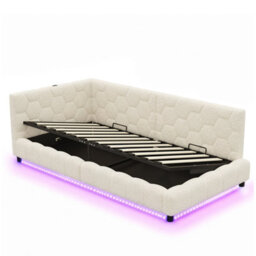 Merax 3 Ft Single Ottoman Bed 90 X 190 Cm, Boucle Daybed With Side Hydraulic Storage, Rgb Led Lights & Charging, Beige - thumbnail 9