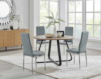 Furniturebox Uk Santorini Brown Wood Contemporary Round Round Dining Table And 4 Grey Milan Chairs Set - image 1