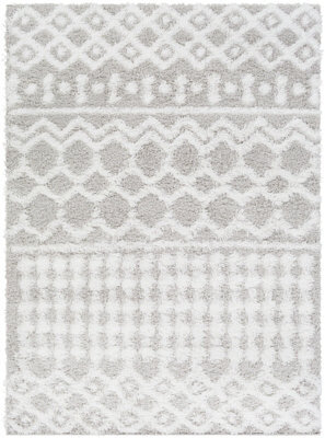 Livabliss Urban Shaggy-Geometric White Grey Soft Plush Pile Living Bedroom Rug 200 X 290 Cm Easy Care, Non Shedding - image 1