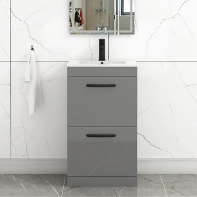 Royal Bathrooms Turin Indigo Grey Gloss 500mm Floor Standing Vanity Unit 2 Drawer With Minimalist Basin Sink & Matt Black Handles - image 1