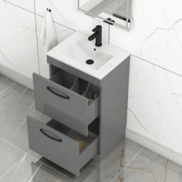 Royal Bathrooms Turin Indigo Grey Gloss 500mm Floor Standing Vanity Unit 2 Drawer With Minimalist Basin Sink & Matt Black Handles - thumbnail 3