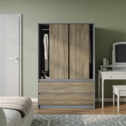 Urbn-Living Urbnliving 180Cm Height Grey Carcass 3 Sliding Oak Door With 4 Oak Drawer Wardrobe Clothes Storage Hanging Rail Bedroom - thumbnail 3