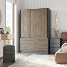 Urbn-Living Urbnliving 180Cm Height Grey Carcass 3 Sliding Oak Door With 4 Oak Drawer Wardrobe Clothes Storage Hanging Rail Bedroom - thumbnail 1