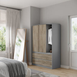 Urbn-Living Urbnliving 180Cm Height Grey Carcass 3 Sliding Oak Door With 4 Oak Drawer Wardrobe Clothes Storage Hanging Rail Bedroom - thumbnail 4