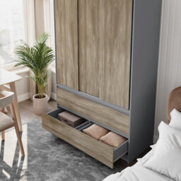 Urbn-Living Urbnliving 180Cm Height Grey Carcass 3 Sliding Oak Door With 4 Oak Drawer Wardrobe Clothes Storage Hanging Rail Bedroom - thumbnail 5