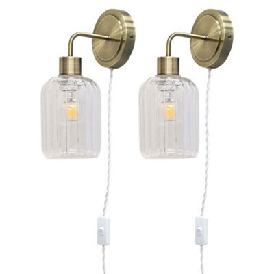 First Choice Lighting Set Of 2 Toby - Antique Brass Plug In Wall Lights Ribbed Glass Shades - image 1