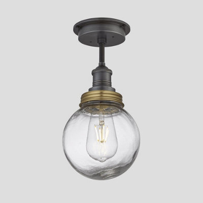 Industville Brooklyn Outdoor & Bathroom Flush Mount, Pewter Holder, Brass Ring, Globe Glass