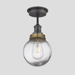 Industville Brooklyn Outdoor & Bathroom Flush Mount, Pewter Holder, Brass Ring, Globe Glass