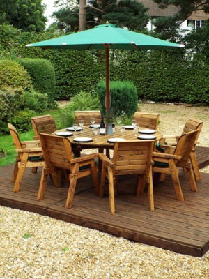 Charles Taylor 8 Seater Wooden Round Garden Dining Table & Chairs Parasol Green - image 1